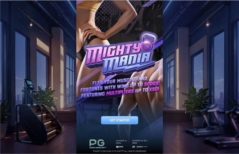 Mighty Mania — მთავარი მენიუ და ფსონის შერჩევის ეკრანი